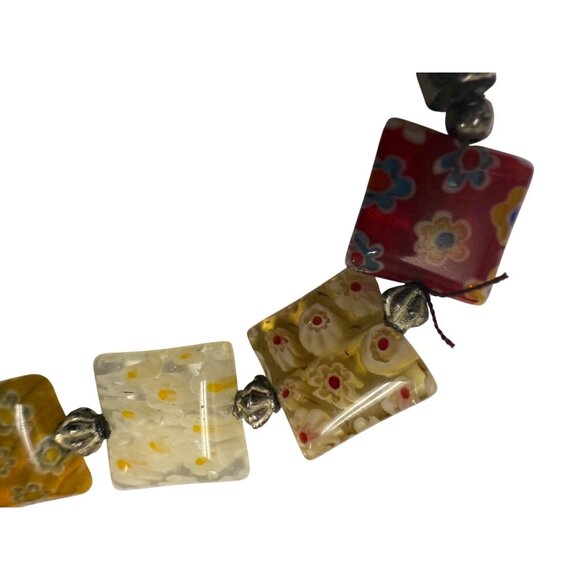 Colorful Millefiori Glass Square Flat  Bead Necklace With Silver-Tone Spacers - Picture 4 of 8